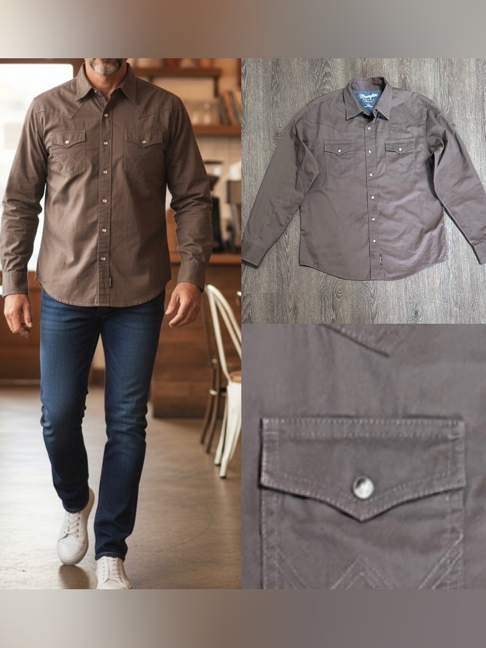 Men’s Wrangler Retro Snap Western Shirt Size Large VGC brown cotton